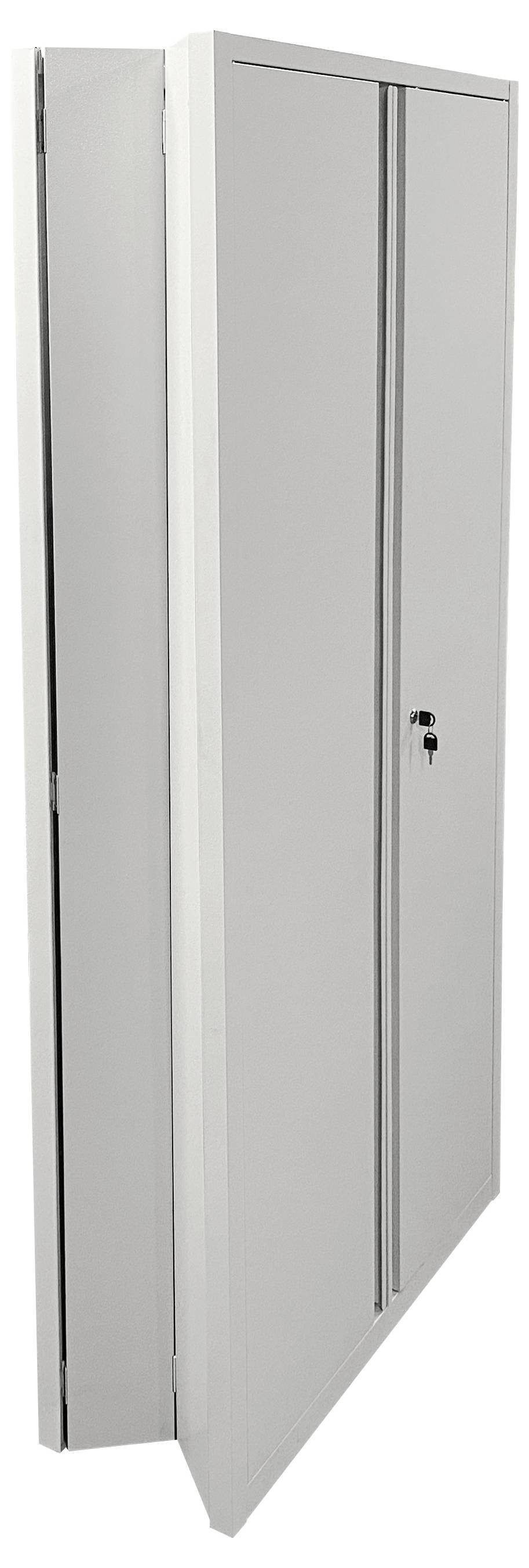 Ein hoher, geschlossener Metallschrank mit einem Schloss an der Vorderseite, konzipiert für sichere Aufbewahrung.