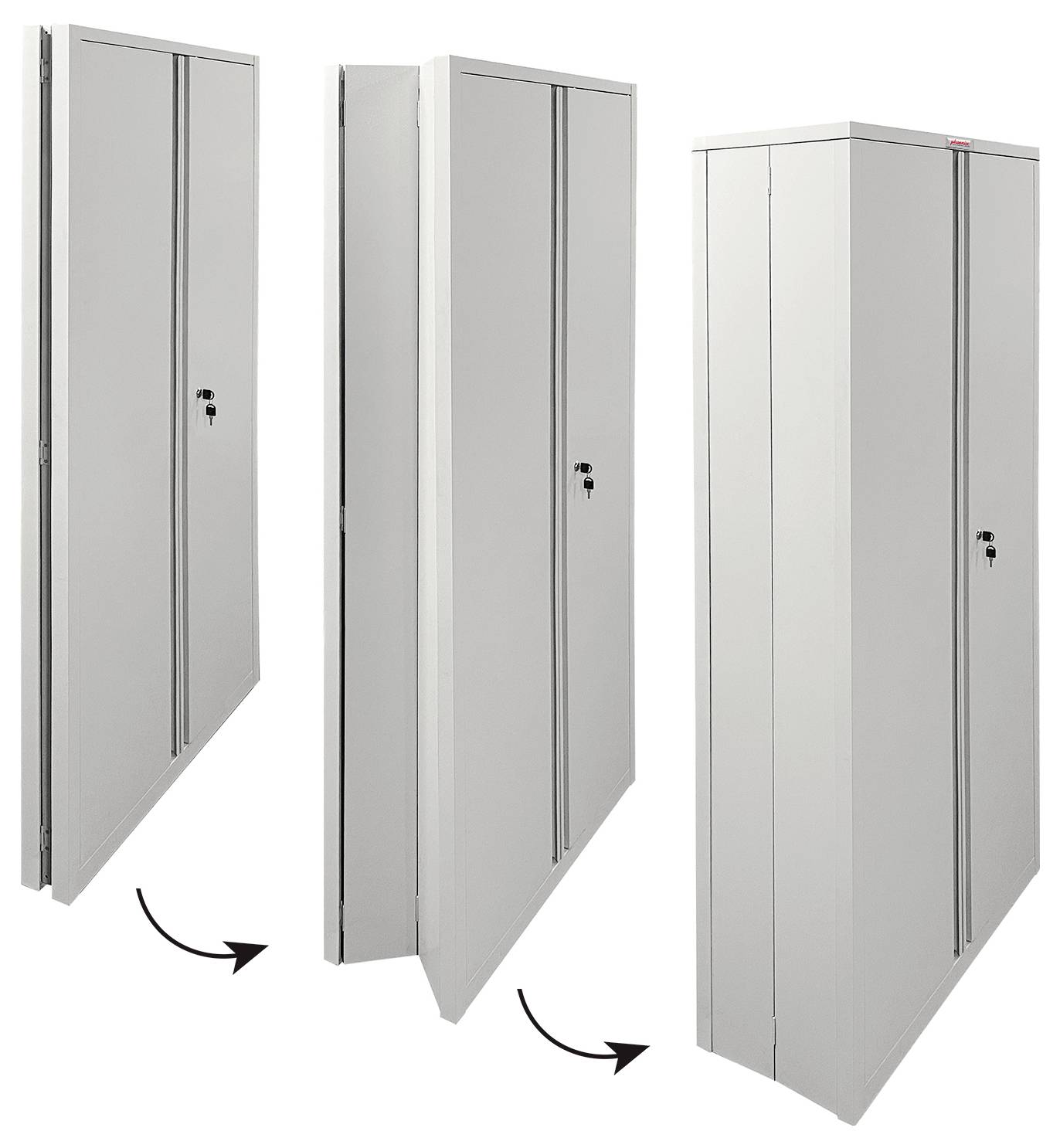 Drei weiße Klappschränke werden gezeigt, jeweils in unterschiedlichen Phasen des Zusammenklappens, wodurch der Öffnungs- und Schließvorgang veranschaulicht wird.