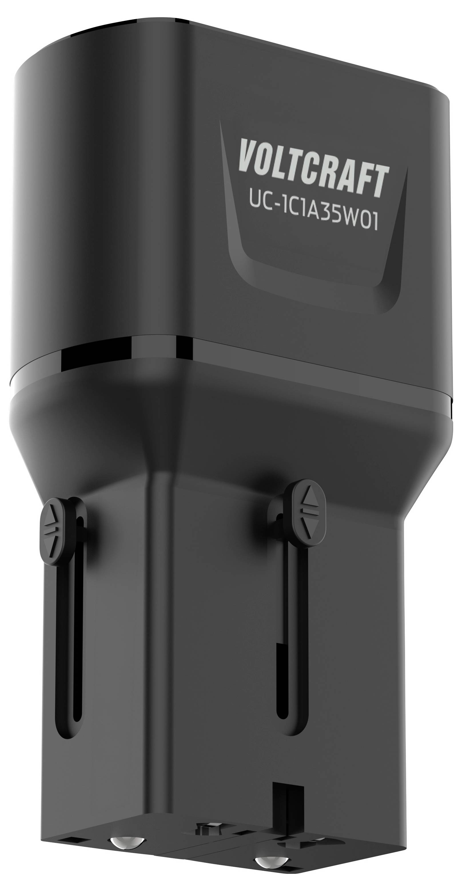 Ein schwarzes Voltcraft USB-Ladegerät mit der Modellnummer „UC-1C1A35W01