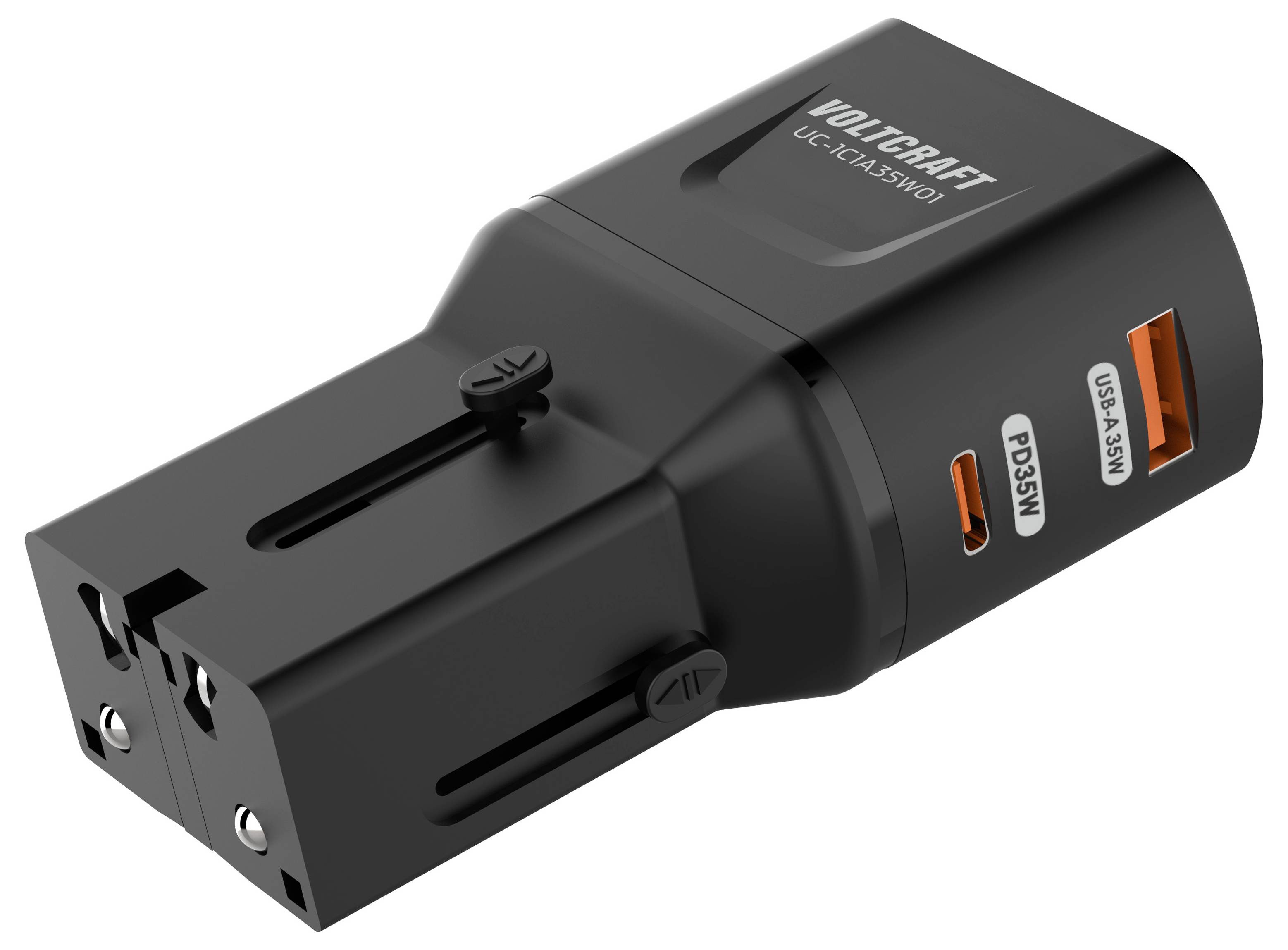 Ein schwarzes Dual-Port-USB-Ladegerät mit zwei Arten von Anschlüssen mit der Bezeichnung „PDSC
