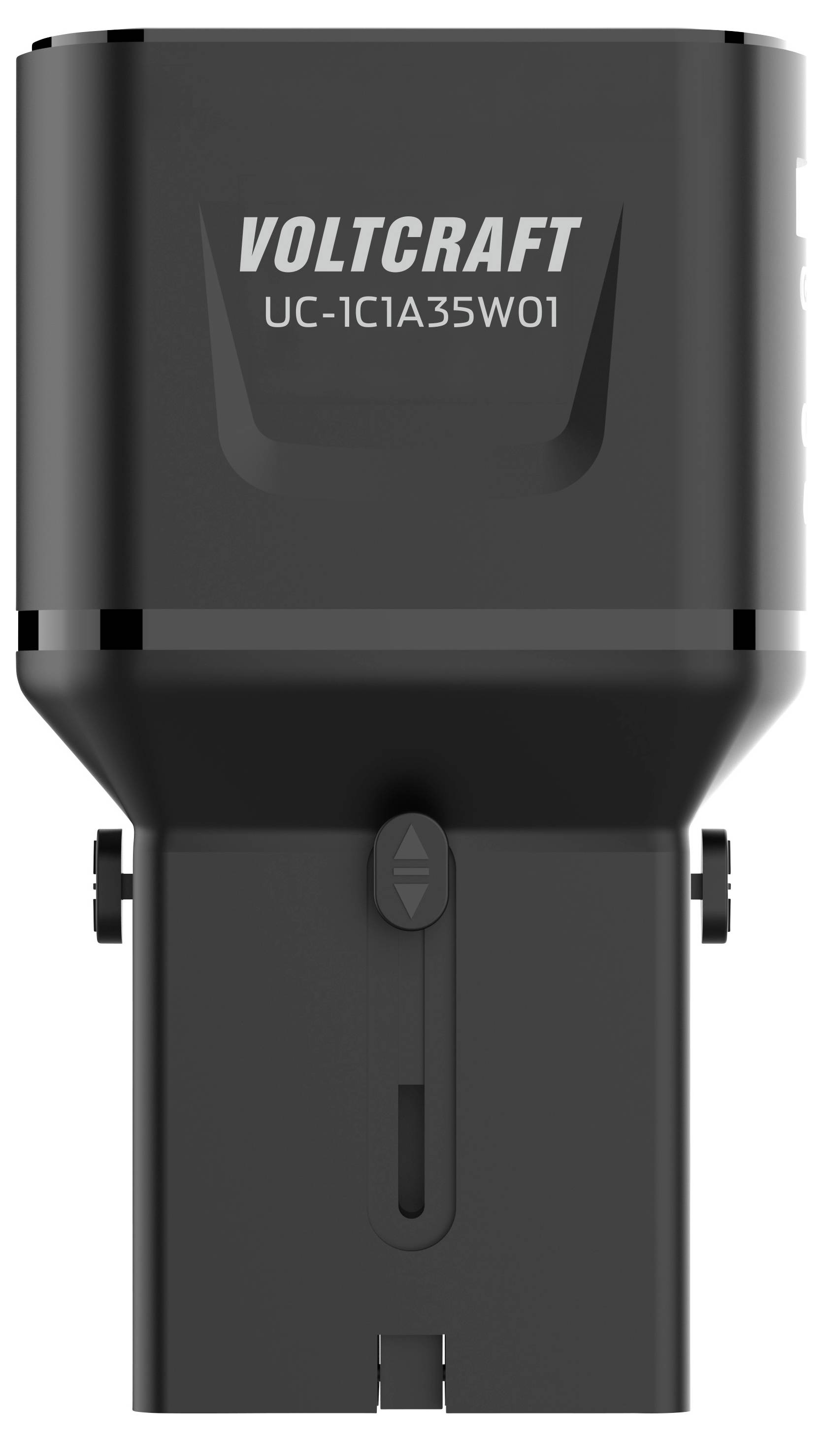 Ein schwarzes Voltcraft USB-Ladegerät mit der Bezeichnung „UC-1C1A35W01