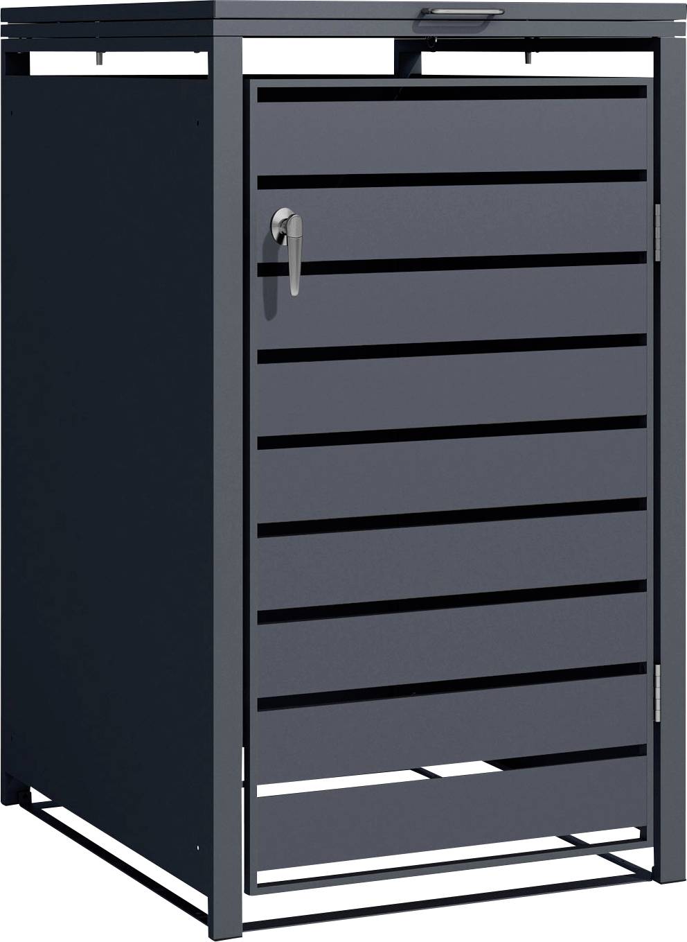 Metallschrank mit horizontalen Lamellen und einem Verschlussgriff an einer Seite.