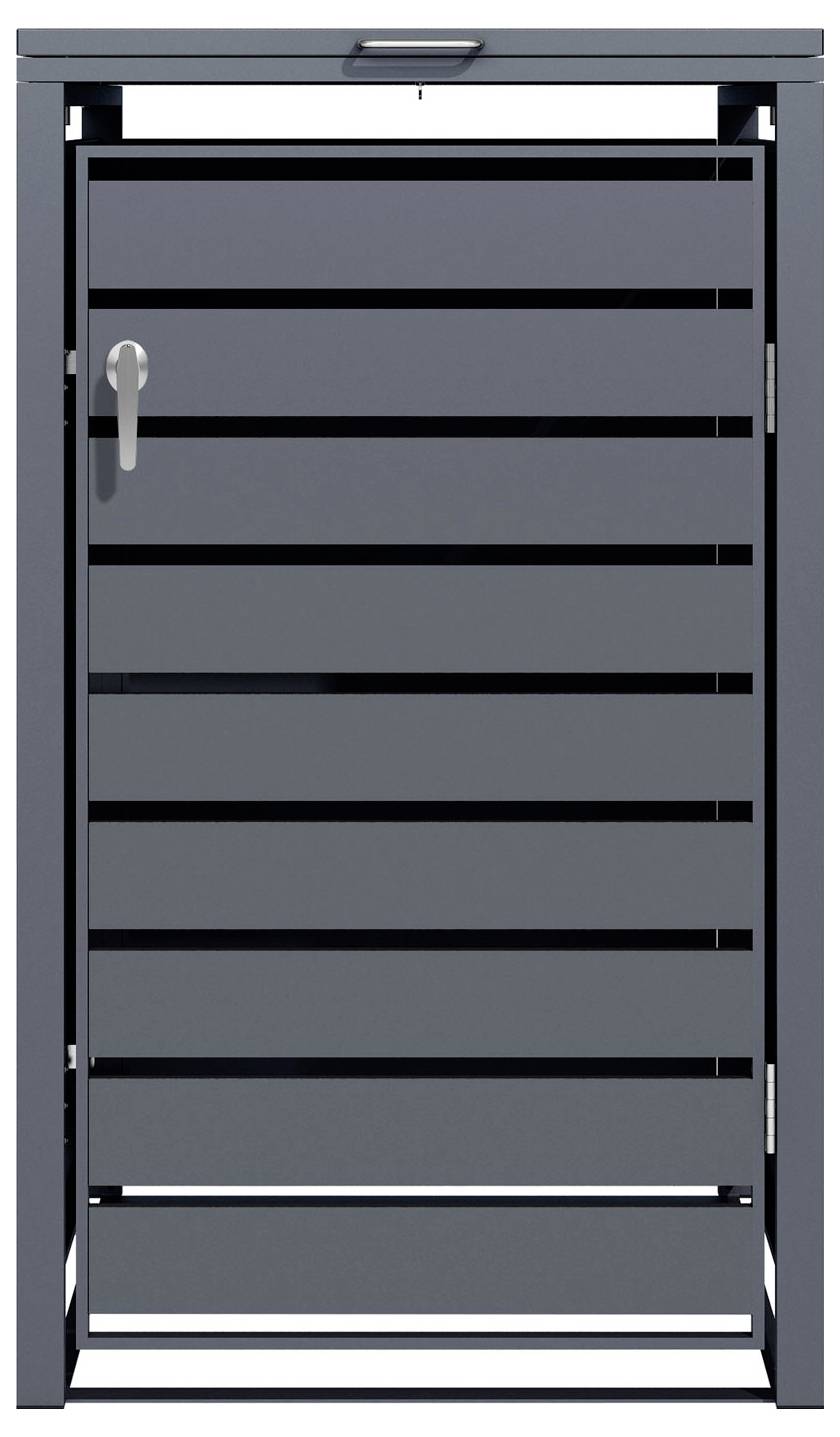 Ein schlankes, modernes Metalltor mit horizontalen Lamellen und einem silbernen Griff, passend für zeitgenössische Haus- oder Garteneingänge.