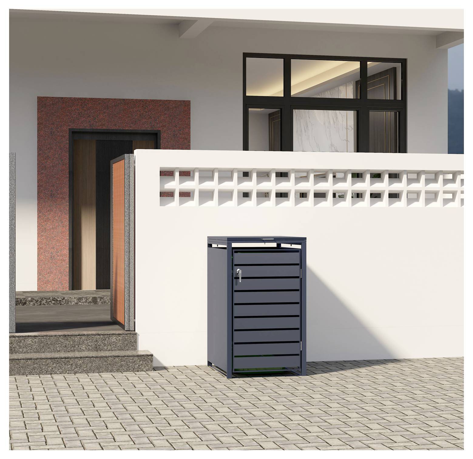 Ein moderner, gepflasterter Eingang mit einer weißen Wand und einem schwarzen Aufbewahrungskasten. Die offene Türöffnung führt in ein Gebäude mit großen Fenstern.