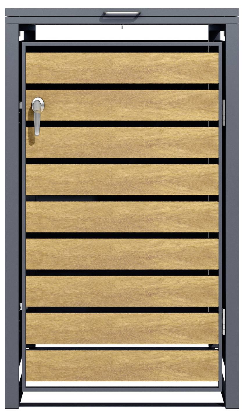 Ein modernes Holztor mit horizontalen Brettern, gerahmt von einer dunklen Metallstruktur und einem Griff auf der linken Seite.