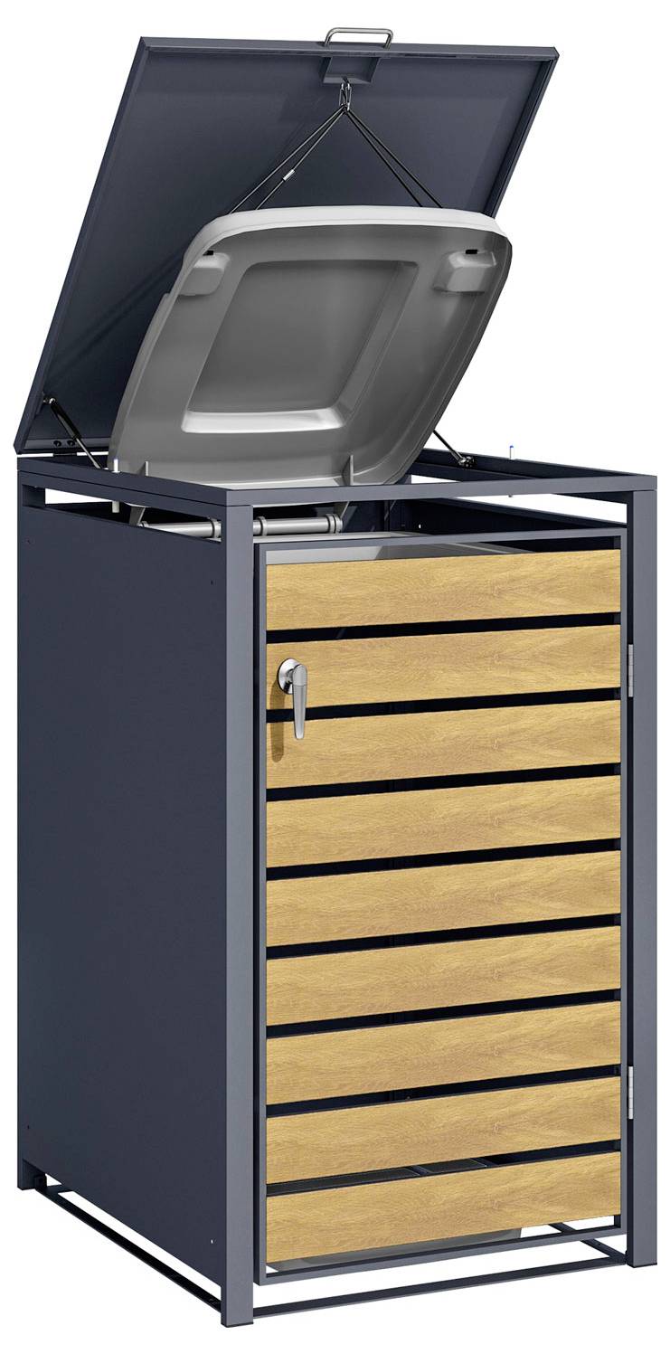 Hoher Außenmülleimer mit einem dunklen Metallrahmen und Holzlatten. Der Deckel ist geöffnet und gibt einen grauen Behälter im Inneren frei.