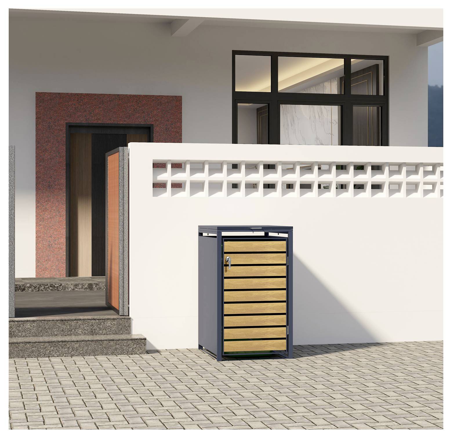 Ein Mülltonnenunterstand aus Holz und Metall steht auf einer gepflasterten Fläche vor einem modernen Haus mit weißen Wänden und großen Fenstern.