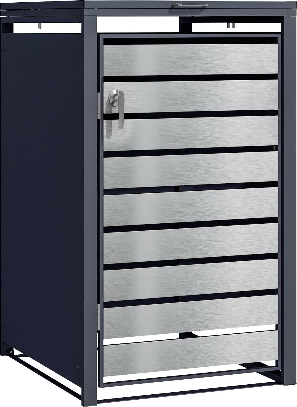 Mülleimerbehälter mit modernem Metalldesign, ausgestattet mit horizontalen Lamellen und einem Griff, eingerahmt von einem dunklen Rahmen.