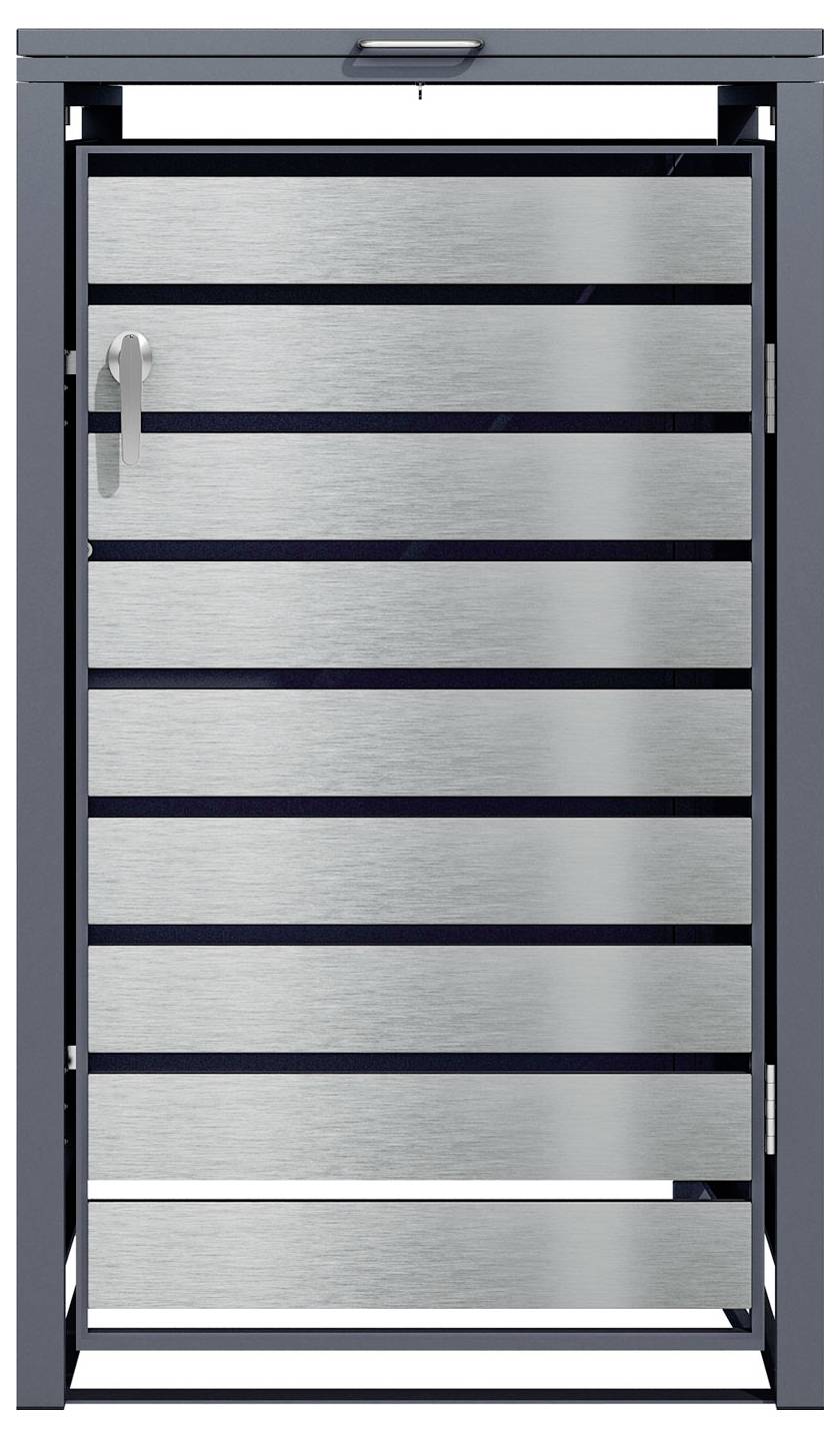 Ein modernes metallisches Tor mit horizontalen Lamellen und einem Griff auf der linken Seite, eingebettet in einen eleganten, dunklen Rahmen.