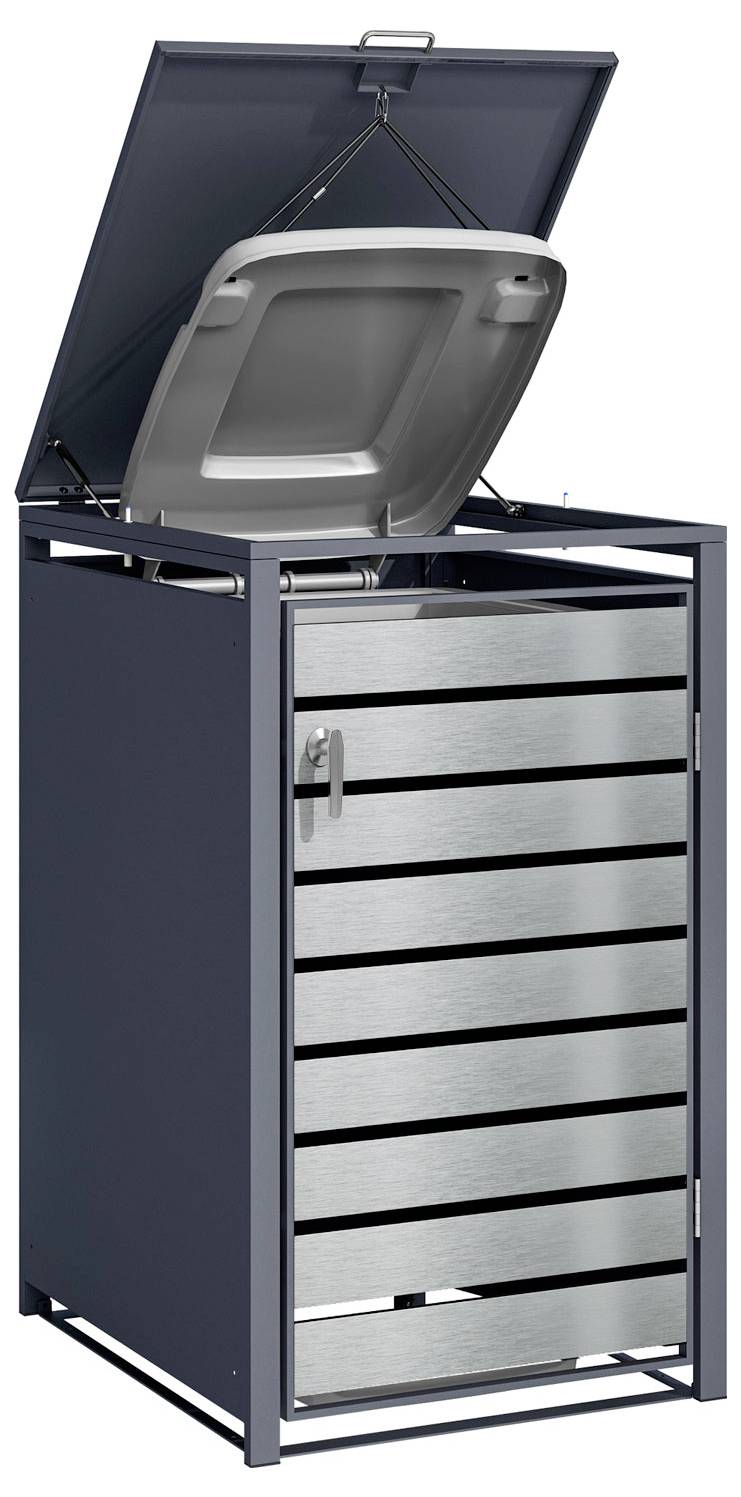 Ein schlanker, moderner Außenmülleimer mit geöffnetem Deckel, der einen dunklen Rahmen und metallfarbene horizontale Lamellen aufweist und für eine sichere Abfallentsorgung geeignet ist.