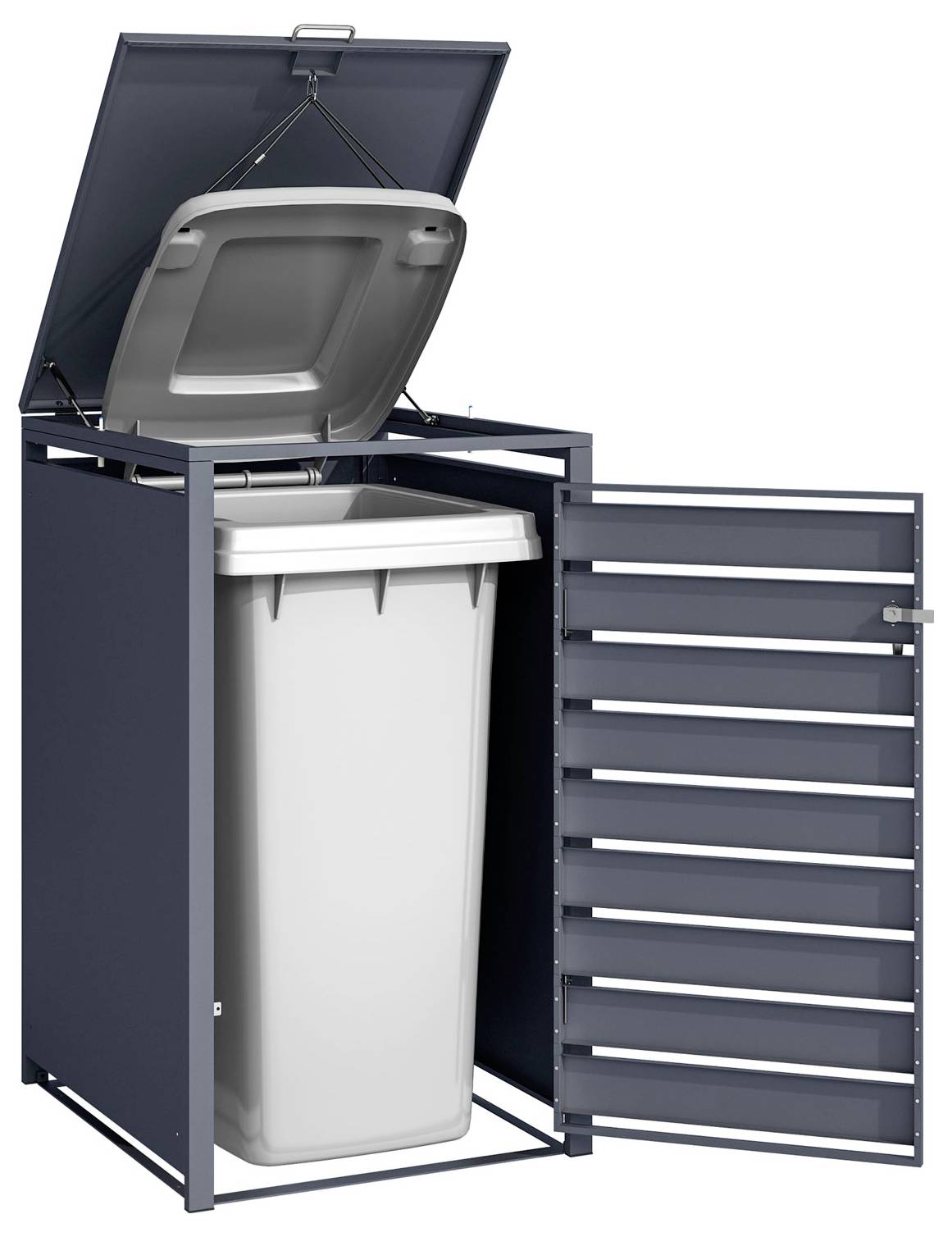 Outdoor-Mülltonnencontainer aus Metall, geöffnet, wodurch eine große, graue Plastik-Mülltonne sichtbar wird. Der Deckel ist angehoben, und die Seitentür steht offen.