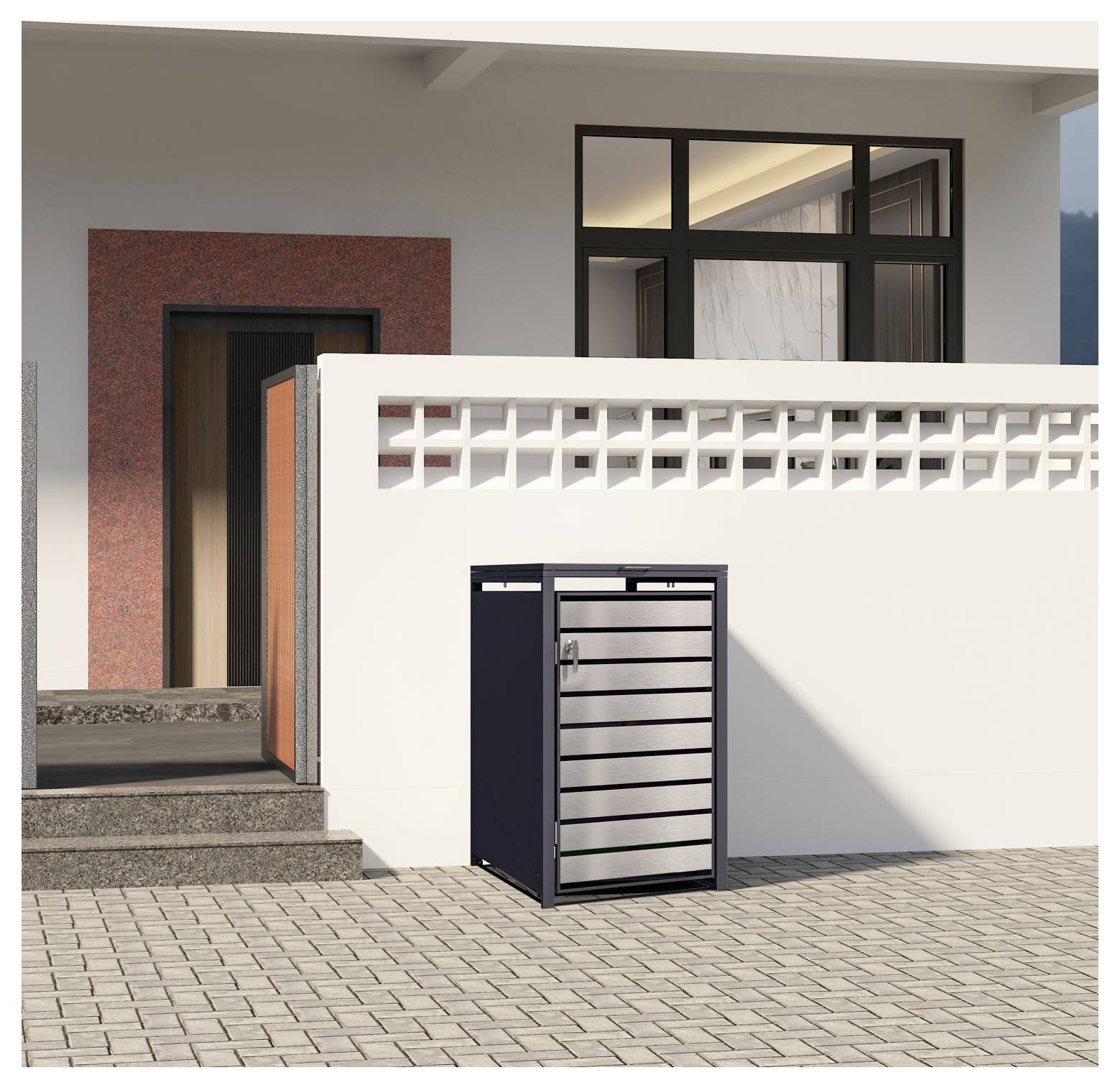 Eine moderne Paketbox für Außenlieferungen, die neben den Eingangsstufen eines Hauses mit weißer Wand und gitterförmig gemustertem Zaun platziert ist.