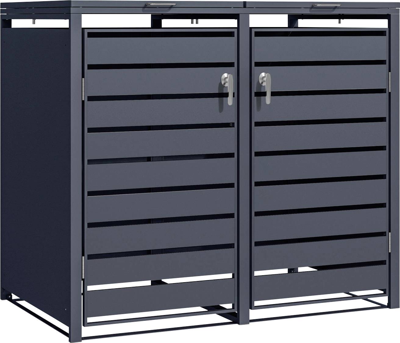 Zweigeteilte Outdoor-Aufbewahrungsbox mit dunklem horizontalem Lamellenlook und zwei abschließbaren Türen, ideal für die Gartenorganisation.