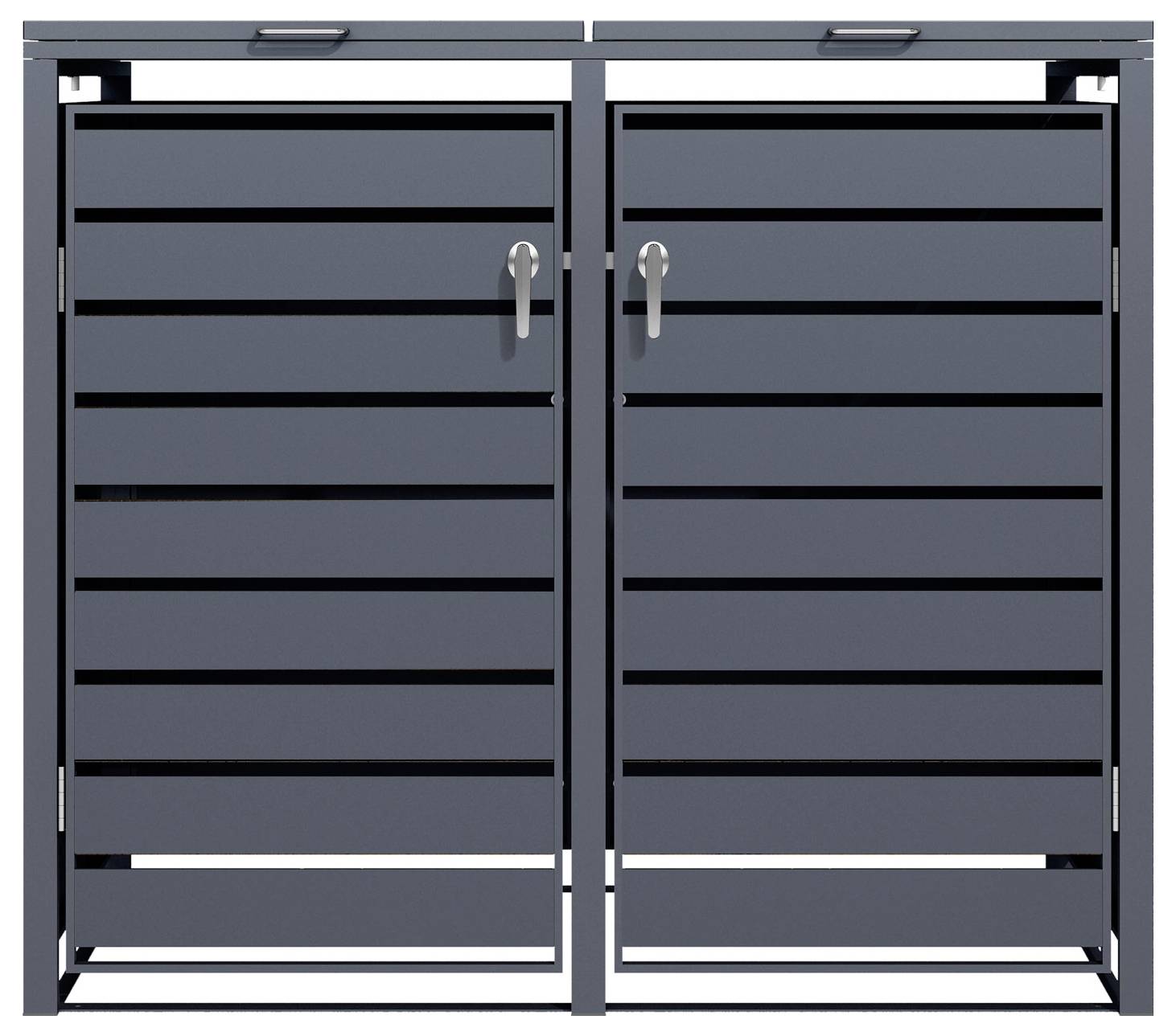 Ein moderner Doppeltüren-Außenschrank mit horizontalen Lamellen und silbernen Griffen, konzipiert für die Aufbewahrung von Gartengeräten oder Ausrüstung.