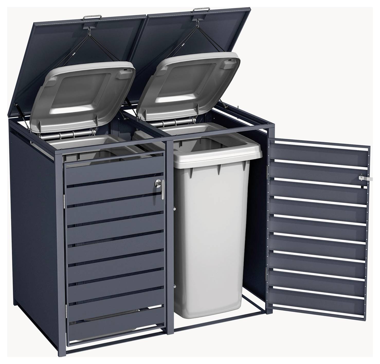 Zwei offene Mülltonnen mit angehobenen Deckeln, wobei eine Tonne im Inneren der anderen steht. Die Fronttür eines Abteils ist geöffnet und gibt einen großen Behälter frei.