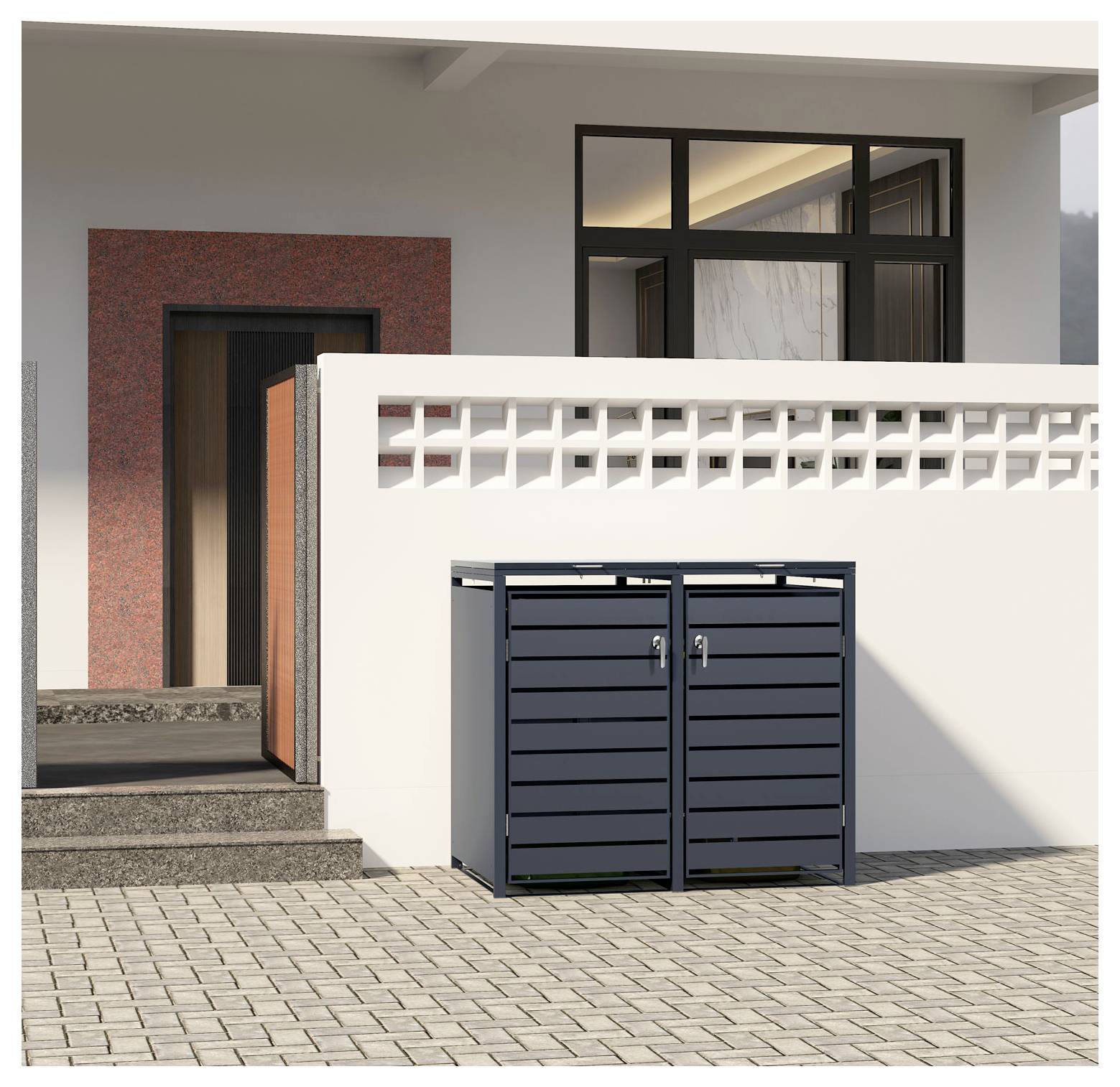 Eine moderne Hausaußenansicht mit einer kleinen blauen Metallaufbewahrungseinheit davor, neben einer weißen Wand mit Gittermuster.