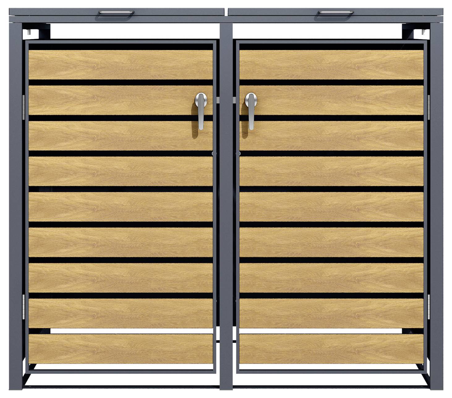 Ein modernes Doppeltor mit horizontalen Holzlatten, gerahmt von einer schwarzen Metallstruktur, mit zentralen Griffen auf jeder Torseite.