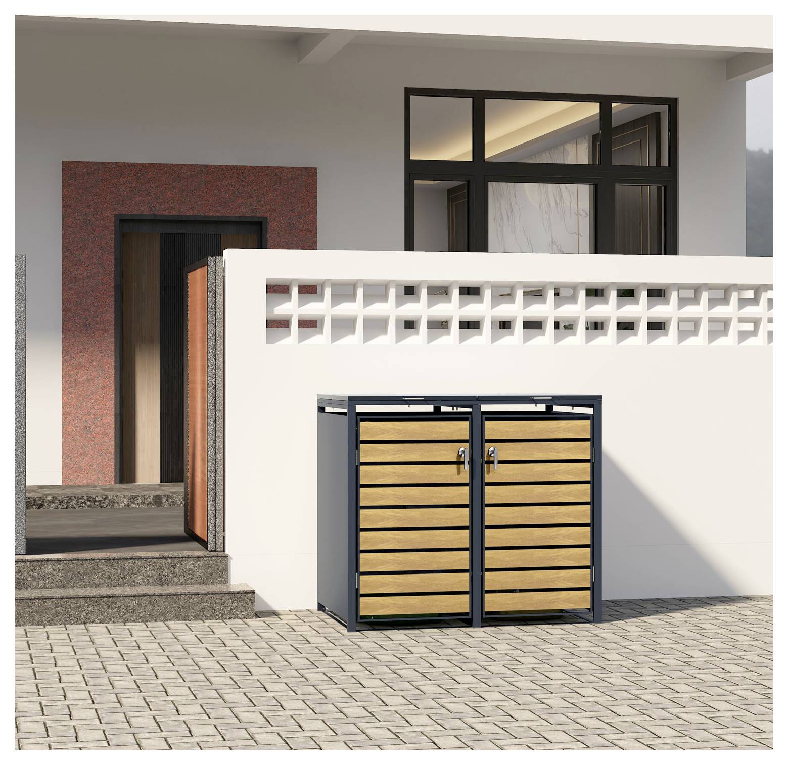 Holzvertäfeltes Stauraummöbel mit Metallrahmen an einer weißen Wand, in der Nähe eines Hauseingangs mit Akzentwand aus Ziegelsteinen und einem Fenster.