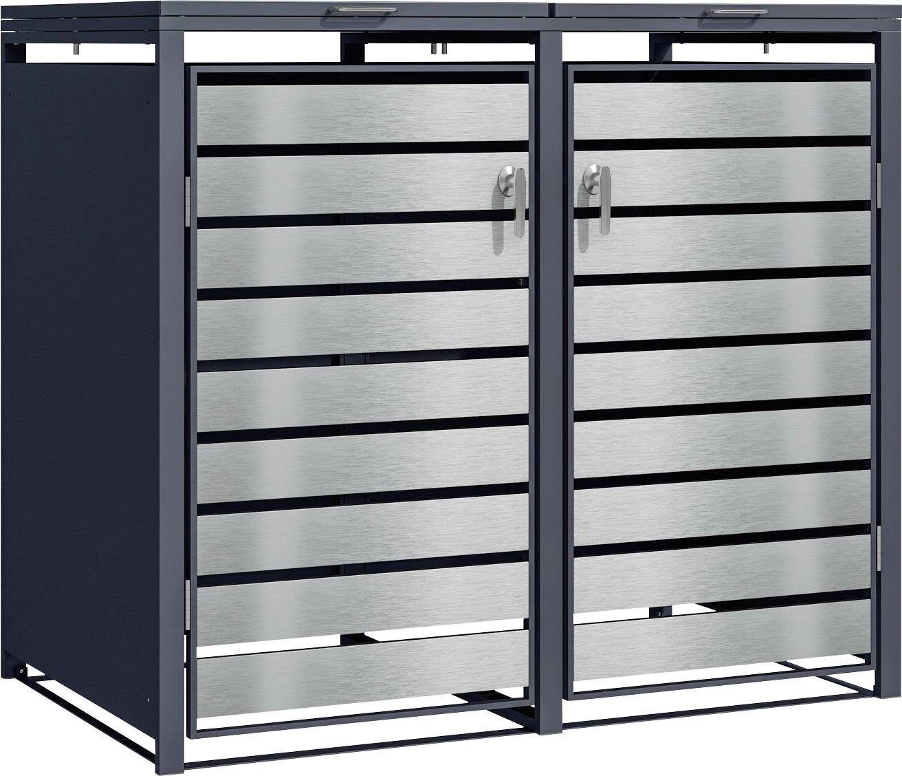 Ein eleganter Metallschrank mit zwei Türen, ausgestattet mit silbernen horizontalen Lamellen und einem dunkelgrauen Rahmen, speziell für den Außeneinsatz konzipiert.