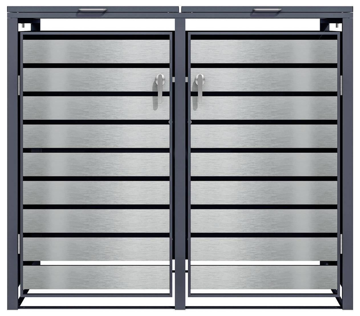 Ein modernes, metallisches Fronttor mit horizontalen Lamellen und zentralen Griffen, konzipiert für einen sicheren und stilvollen Zugang zu einem Grundstück.