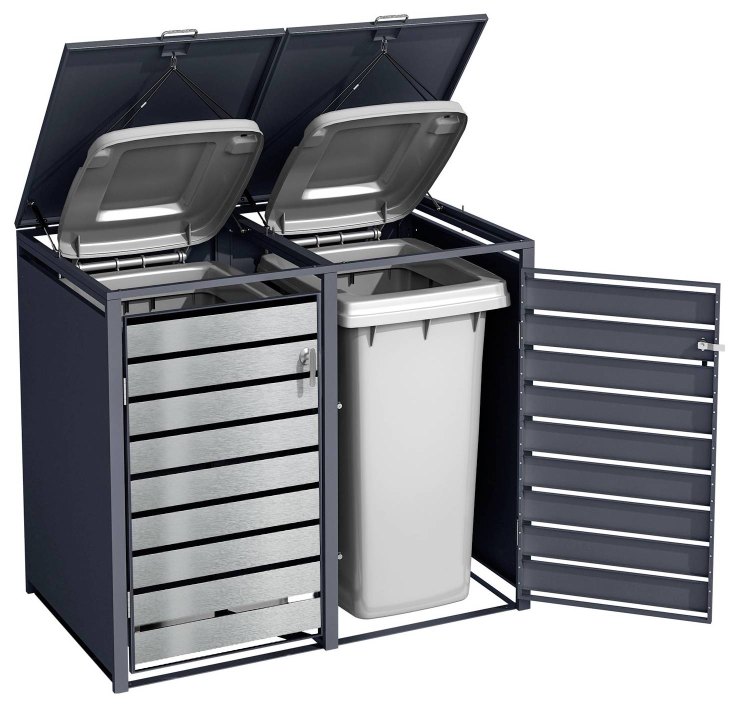Zwei große Außen-Mülltonnen in einem Metallgehäuse mit offenen Deckeln. Eine Tonne ist freigestellt mit einer geschlossenen Seitentür, die die Lagerkapazität zeigt.