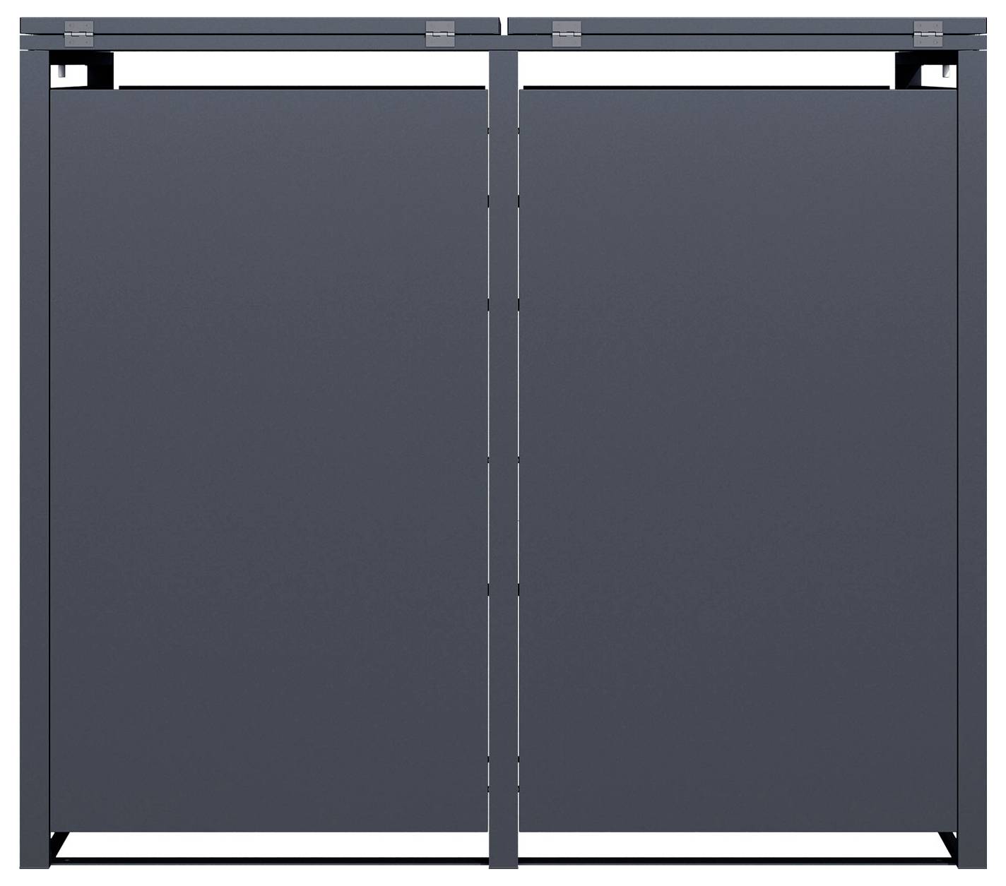 Ein modernes, dunkelgraues Metalltor mit minimalistischem Design und zwei symmetrischen Paneelen, ausgestattet mit subtilen Scharnieren und einer eleganten Oberfläche.