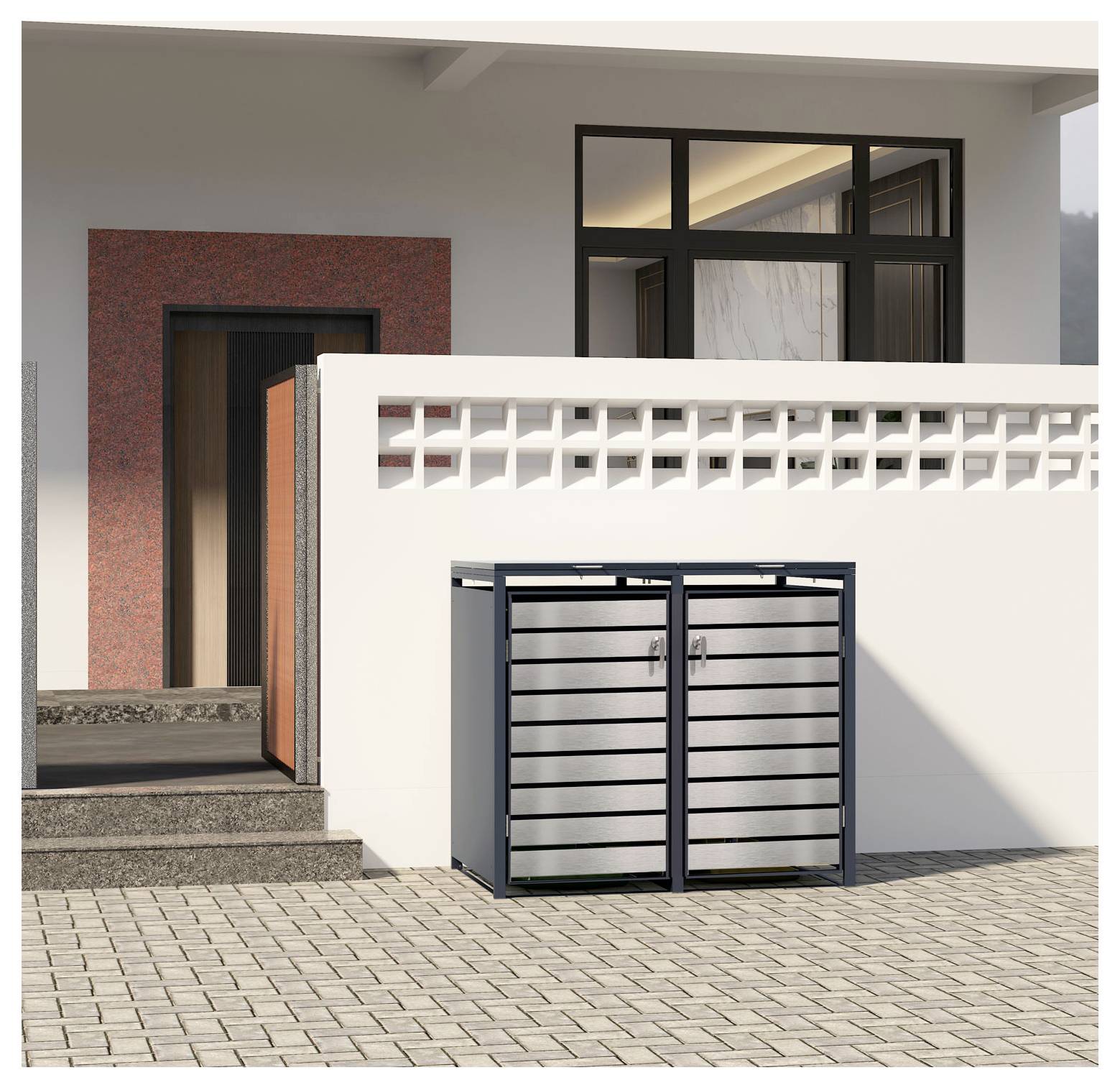 Eine Metallaufbewahrungsbox mit Lamellentüren steht vor einem modernen Haus mit einem roten Ziegeleingang und einem gekachelten Gehweg.