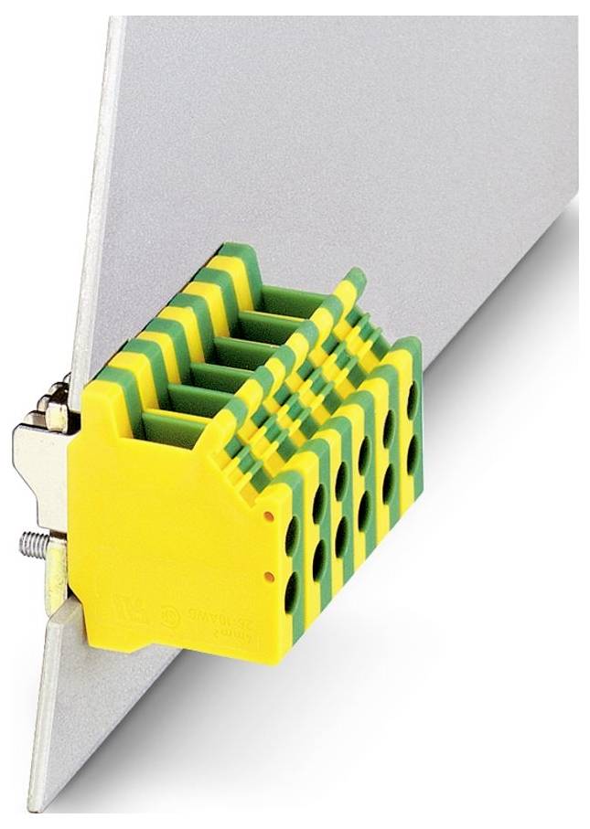 Ein gelbes und grünes elektrisches Anschlussblock, das an einem Metallschild befestigt ist und mehrere Verbindungspunkte für Drähte zeigt.