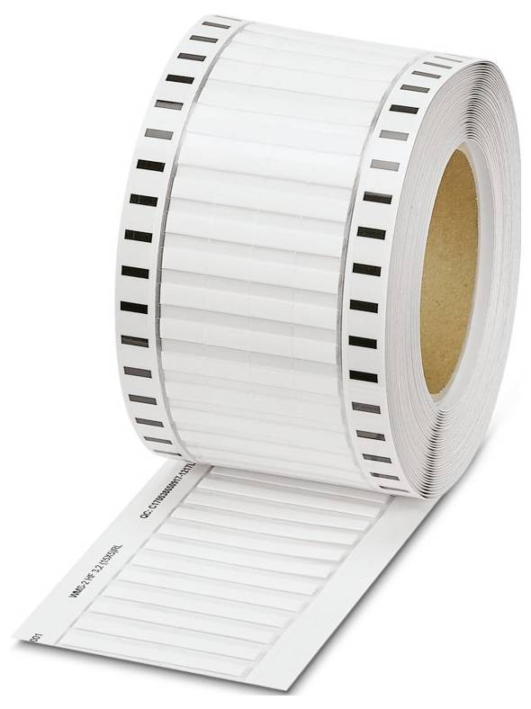Eine Rolle rechteckiger weißer Etiketten mit schwarzen Markierungen an den Seiten, wobei teilweise ein Streifen von Etiketten, die von der Rolle herausgezogen sind, sichtbar ist.
