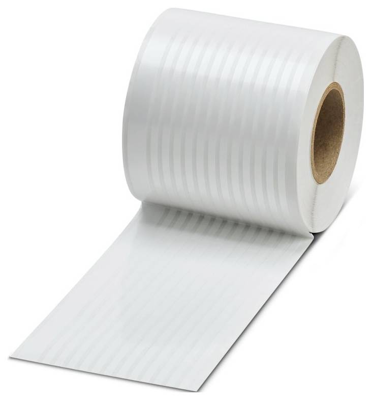 Eine Rolle aus glänzendem, halbtransparentem Klebeband, das sich von rechts abwickelt und parallel dünne weiße Streifen auf seiner Oberfläche aufweist.