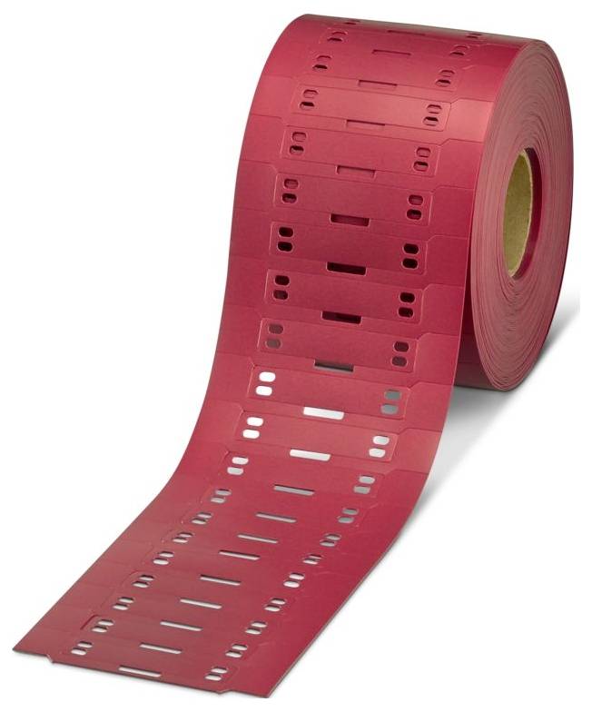 Eine teilweise aufgerollte Rolle weißer Haftungsetiketten, die rechteckige Etiketten mit Perforation für leichte Trennung zeigt.