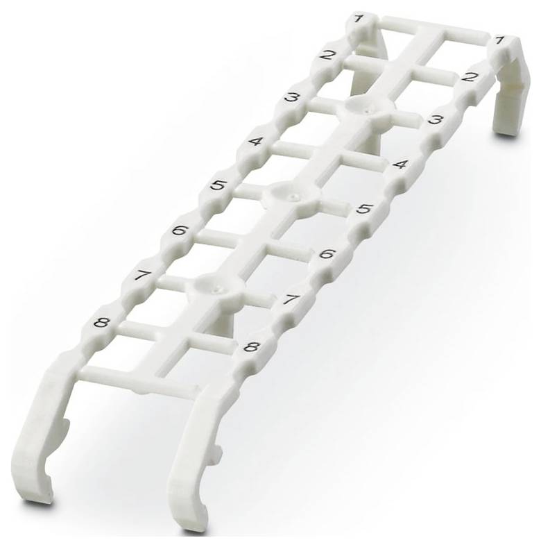 Ein weißer Kunststoff-Eierhalter in Leiterform mit nummerierten Fächern von 1 bis 8, konzipiert zum aufrechten Stehen und gewährleistet sichere Lagerung von Eiern.