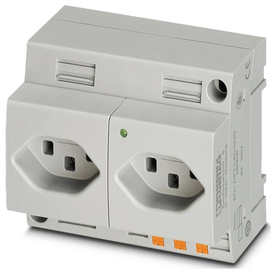 Ein grünes doppeltes europäisches Stromausfallmodul mit Steckdosen und beschrifteten Anschllussklemmen für Phase (L), Neutralleiter (N) und Schutzleiter (PE).