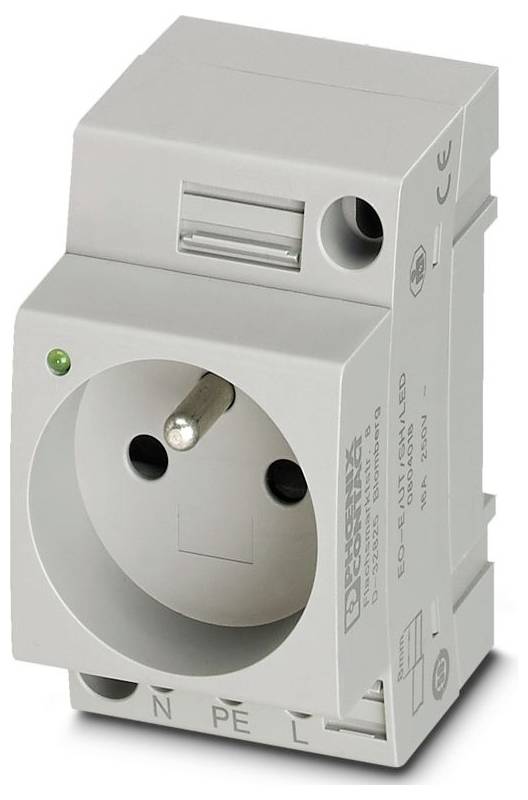 Eine weiße Elektrosteckdose mit Schutzleiter-Kontakt, ausgelegt für die Montage auf einer DIN-Schiene in einem Schaltschrank oder einer Gehäuseanlage.
