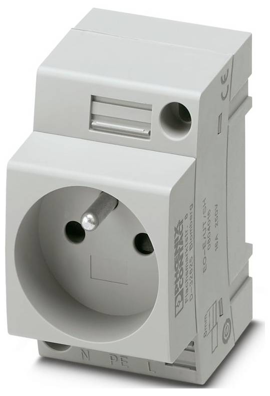 Ein graues Elektrosteckdosenmodul mit einer einzelnen Steckdose, konzipiert zur Montage auf einer DIN-Schiene, mit eingravierter technischen Spezifikationen.