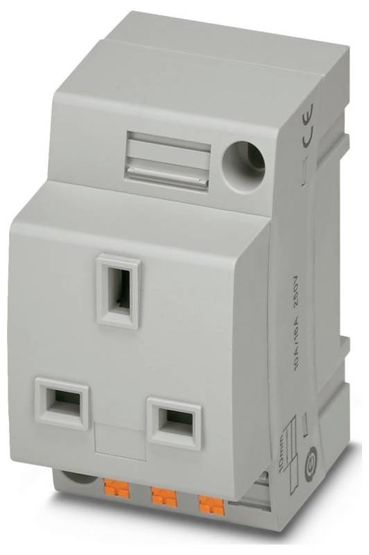 Ein elektrisches Anschlussgerät mit zwei Buchsen, einem robusten grauen Gehäuse, orangefarbenen Klemmenblöcken und gedruckten Spannungsspezifikationen.