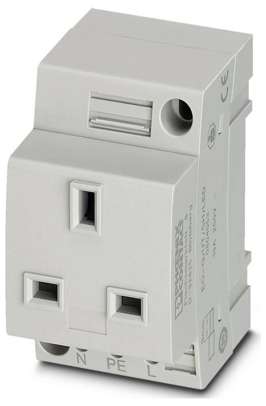 Ein graues elektrisches Gerät mit mehreren Anschlüssen, gekennzeichnet mit „N