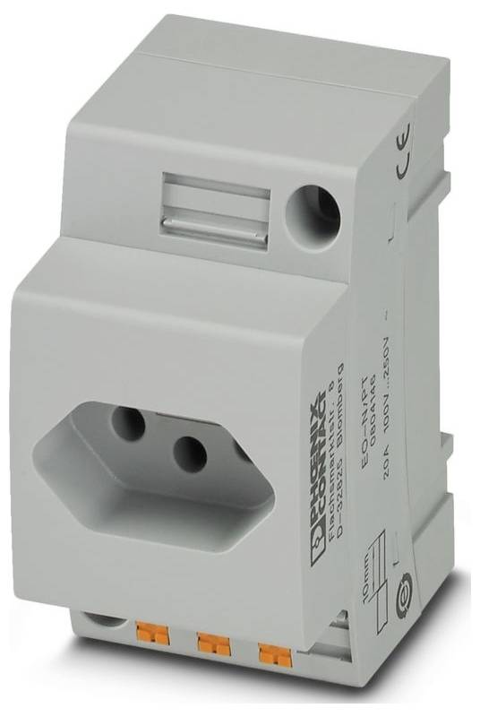 Ein graues elektronisches Gerät mit rechteckiger Form, entwickelt für 230V- und 100V-Stromanwendungen. Verfügt über drei orangefarbene Anschlüsse.