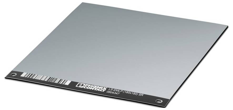 A metallic square plate with a small label featuring a barcode and text, likely indicating product information or branding.