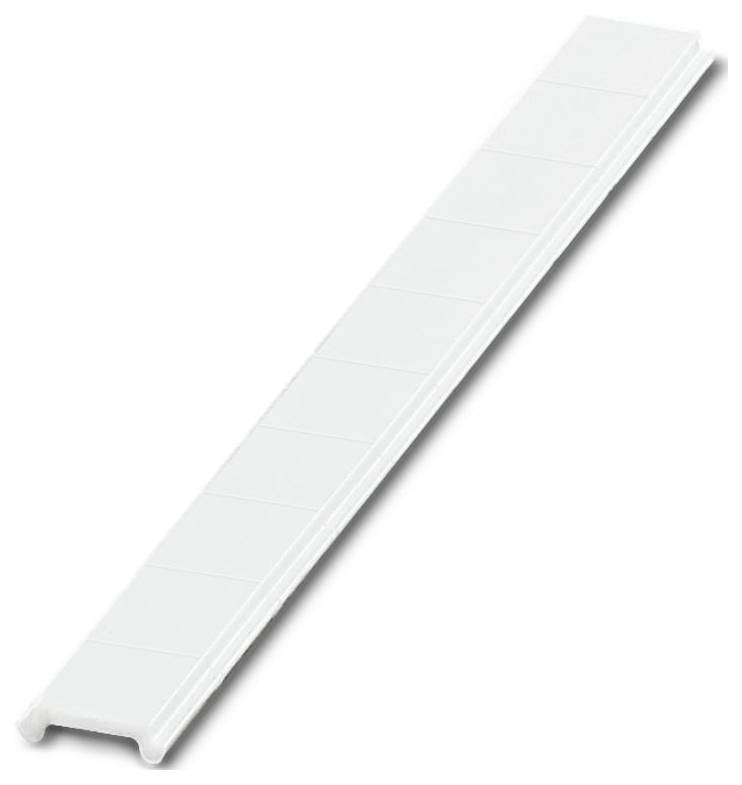 Eine Rolle weißer Etiketten mit gelben Rechtecken und Ausschnitten, die zum Organisieren oder Identifizieren von Gegenständen verwendet wird, teilweise abgerollt.