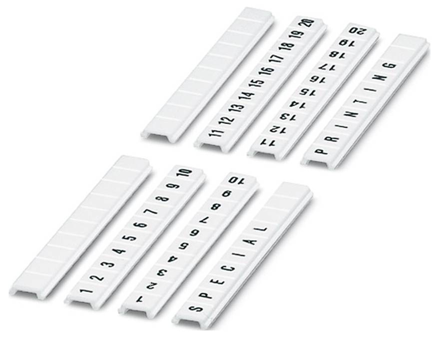 Plastic strips with stamped numbers and letters, including 'SPECIAL PRINTING', laid out on a surface.