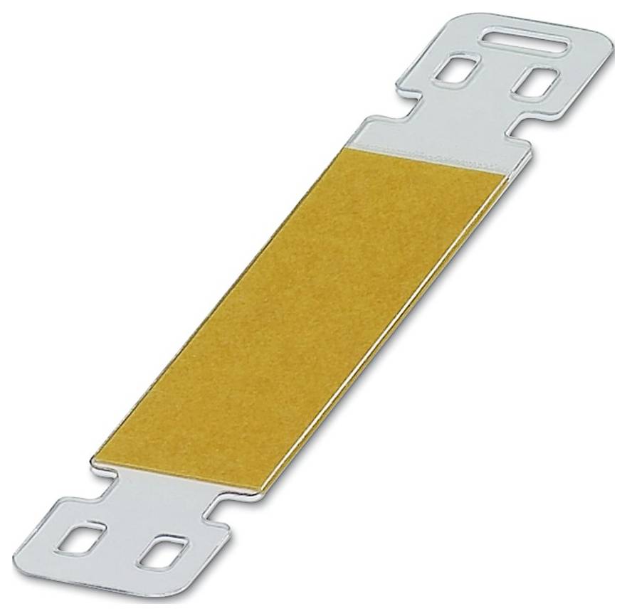 Ein rechteckiger Metallsammelschiene mit vier Eckschlitzen. Der mittlere Abschnitt ist mit einem gelben Isoliermaterial bedeckt.