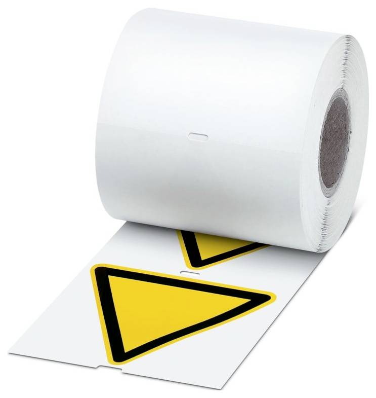 Eine Rolle Etiketten mit weißem Hintergrund und gelbem Dreieck-Warnsymbol auf jedem Etikett, verwendet für Warnhinweise oder Beschriftungen.