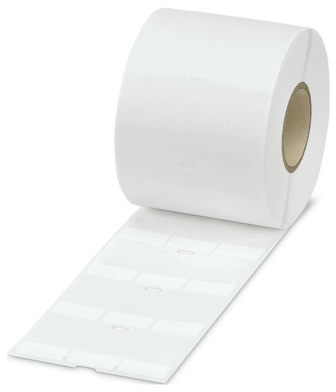 Eine teilweise abgerollte Rolle aus blanken, rechteckigen Haftungsetiketten mit einer weißen Oberfläche, bereit zum Bedrucken oder Beschriften, vor einem einfachen Hintergrund.