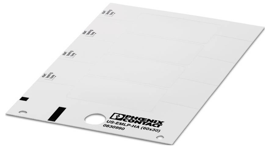 Ein Blatt weiße, blanke Haftungsetiketten für elektronische Beschriftung, mit Phoenix Contact Logo und Produktdetails am unteren Rand.