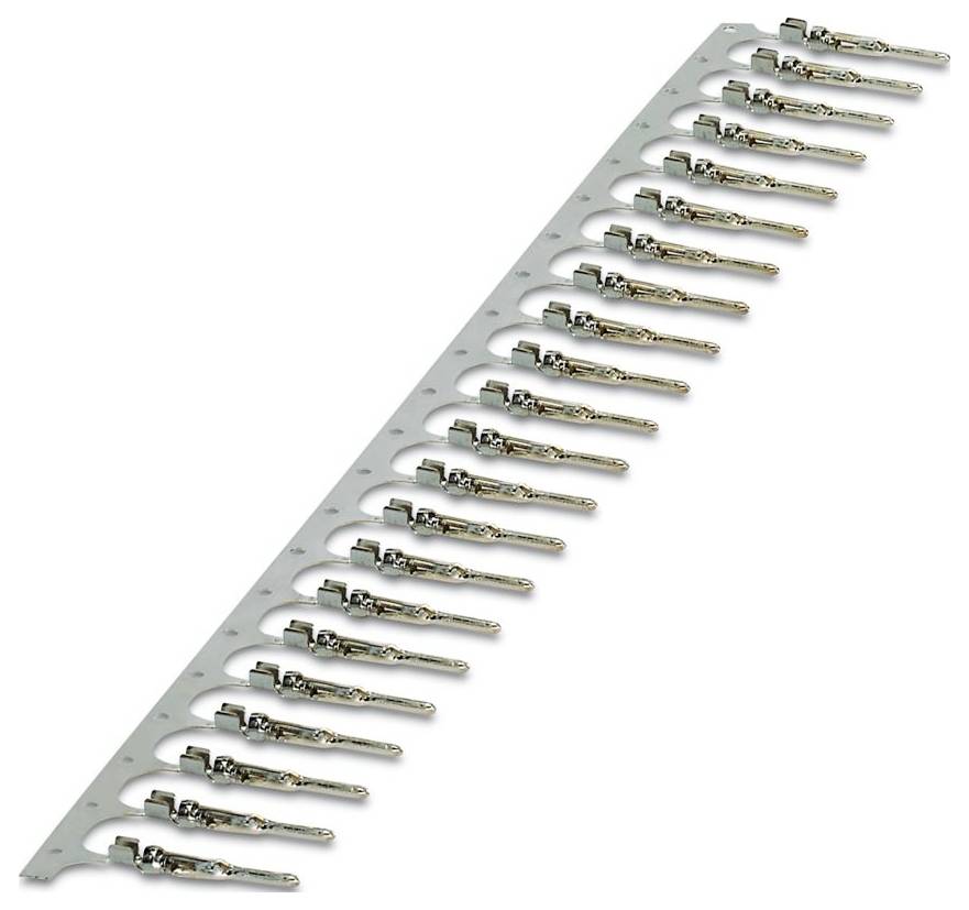 Ein Streifen aus Metallanschluss-stiften, die in einer Reihe angeordnet sind und für elektrische Verbindungen verwendet werden. Jeder Stift ist gleichmäßig beabstandet zum Einstecken ausgelegt.