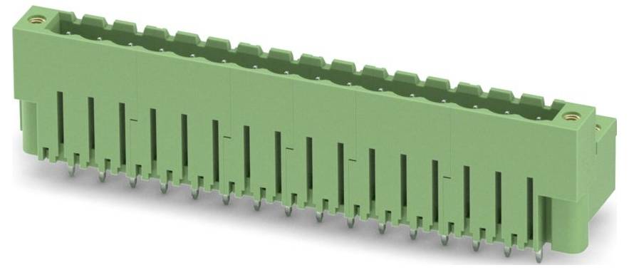 Ein grüner elektrischer Steckverbinder mit Reihen von Metallstiften zur Befestigung an Leiterplatten, der zum Herstellen von Verbindungen in elektronischen Geräten verwendet wird.