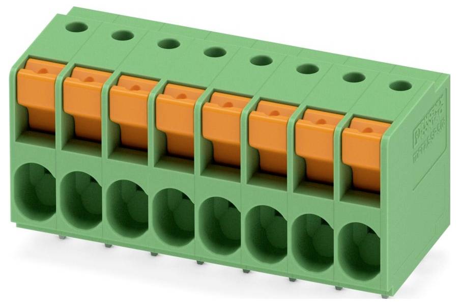 Ein grün-oranger Klemmleistenverbinder mit mehreren Anschlüssen für Drahtverbindungen, der in elektronischen und elektrischen Anwendungen verwendet wird.