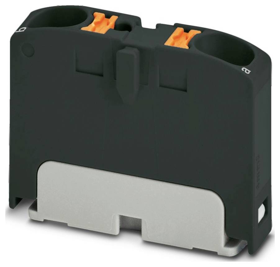 Ein schwarz-grauer elektrischer Stecker mit zwei orangefarbenen Verriegelungen, entwickelt für sichere Kabelverbindungen.