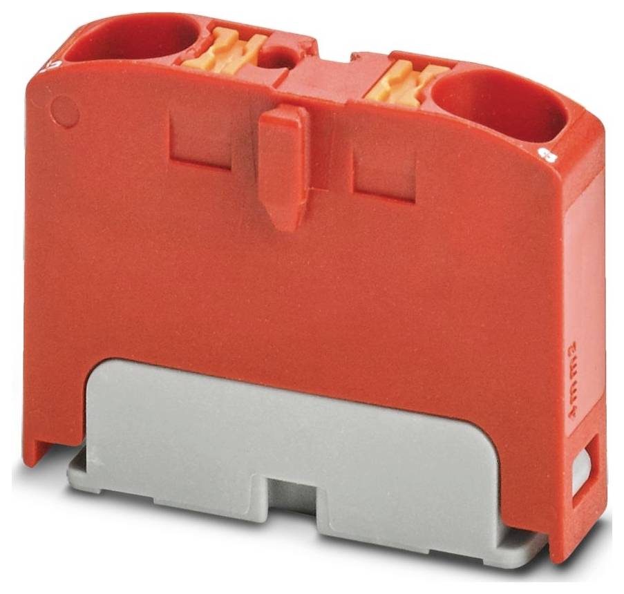 Ein rot und grau gefärbter elektrischer Anschlussblock mit zwei Anschlüssen oben, der zum Sichern und Organisieren von Elektrokabeln verwendet wird.